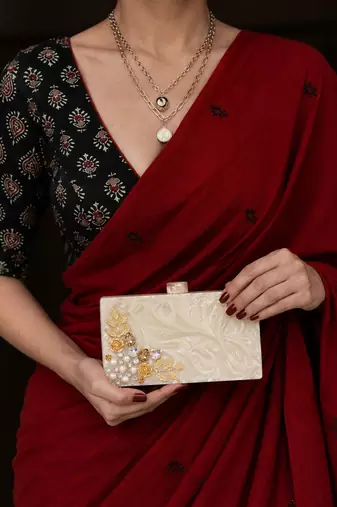 Ivory pearl floral hard box clutch
