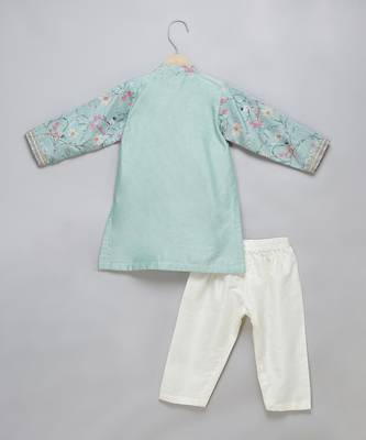 Powder blue printed cotton silk Men Kurta Set 2