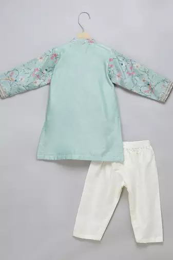 Powder blue printed cotton silk Men Kurta Set