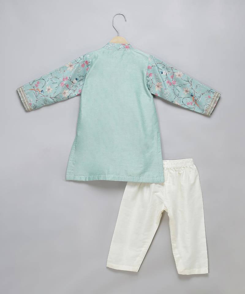 Powder blue printed cotton silk Men Kurta Set