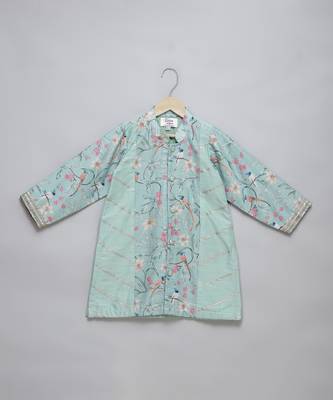 Powder blue printed cotton silk Men Kurta Set 3