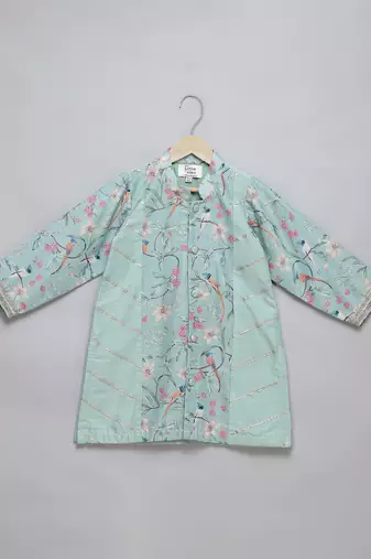 Powder blue printed cotton silk Men Kurta Set