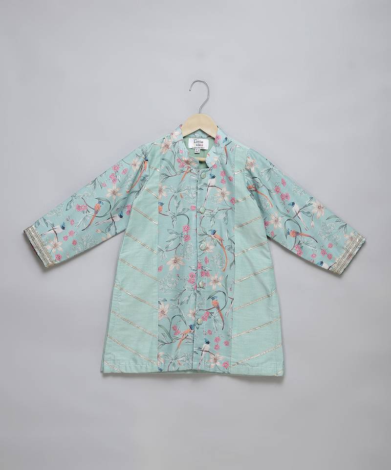 Powder blue printed cotton silk Men Kurta Set