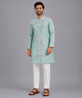 Powder blue printed cotton silk Men Kurta Set 8