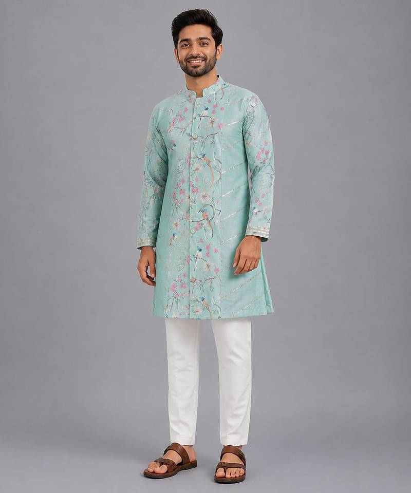 Powder blue printed cotton silk Men Kurta Set
