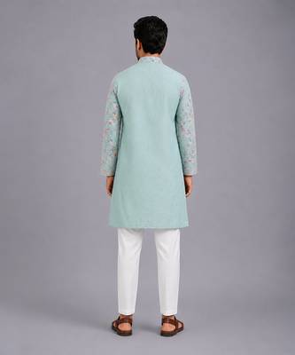 Powder blue printed cotton silk Men Kurta Set 9