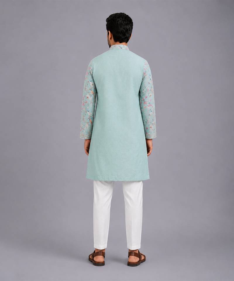 Powder blue printed cotton silk Men Kurta Set