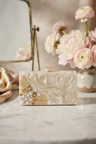 Ivory pearl floral hard box clutch