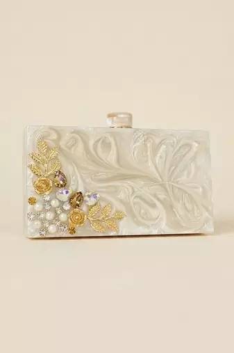 Ivory pearl floral hard box clutch