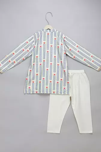 White coral red printed cotton silk Men Kurta Set