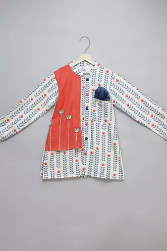 White coral red printed cotton silk Men Kurta Set