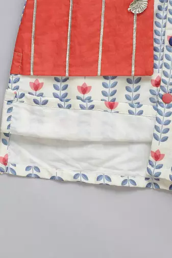 White coral red printed cotton silk Men Kurta Set