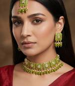 Green meenakari kundan choker necklace set with earrings and maangtika