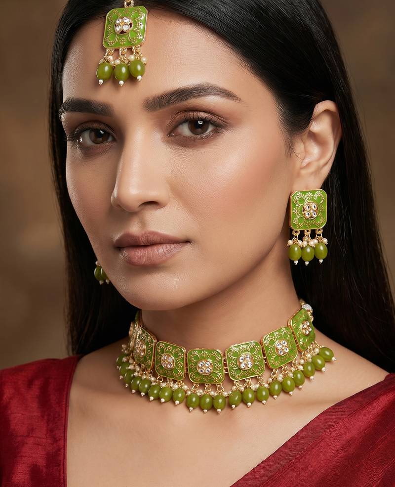 Green meenakari kundan choker necklace set with earrings and maangtika