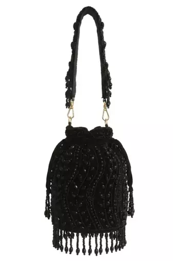 Midnight noir beaded fringe bucket bag