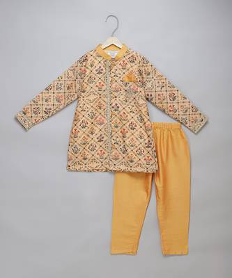 Golden beige printed cotton silk Men Kurta Set 1