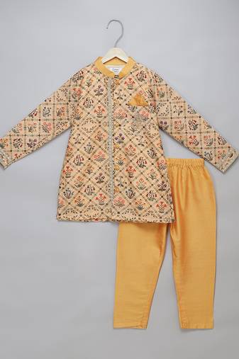 Golden beige printed cotton silk Men Kurta Set