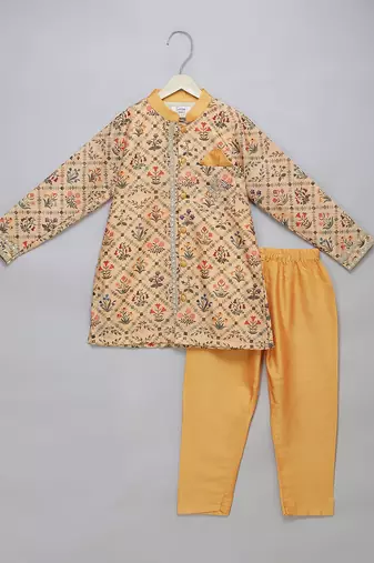 Golden beige printed cotton silk Men Kurta Set