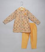 Golden beige printed cotton silk Men Kurta Set