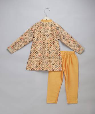 Golden beige printed cotton silk Men Kurta Set 2