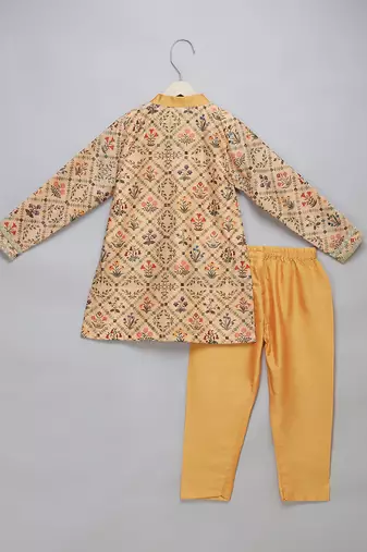 Golden beige printed cotton silk Men Kurta Set