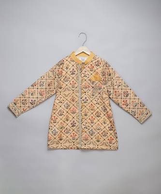 Golden beige printed cotton silk Men Kurta Set 3