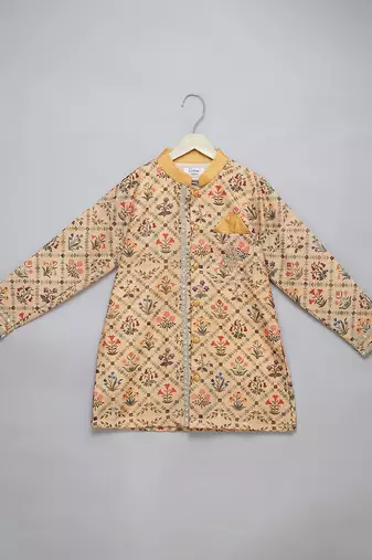 Golden beige printed cotton silk Men Kurta Set