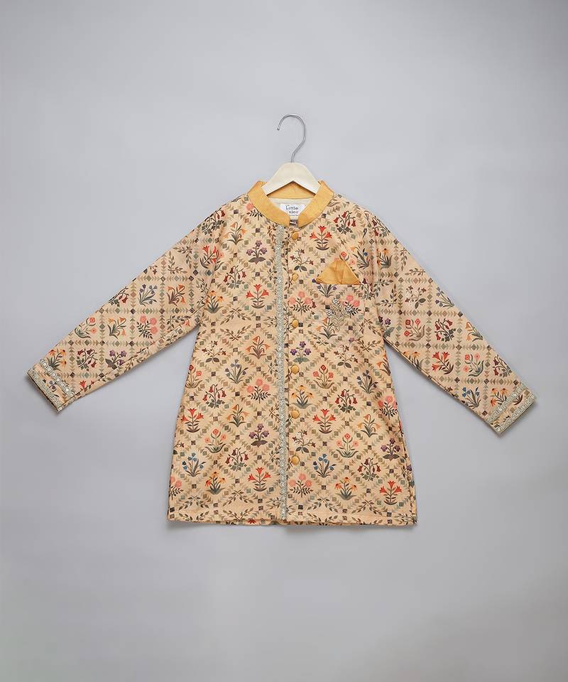 Golden beige printed cotton silk Men Kurta Set