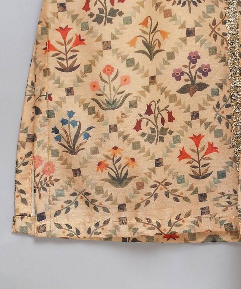 Golden beige printed cotton silk Men Kurta Set