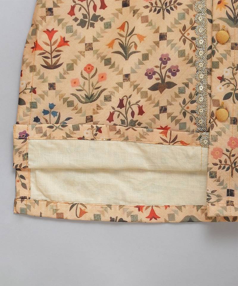 Golden beige printed cotton silk Men Kurta Set