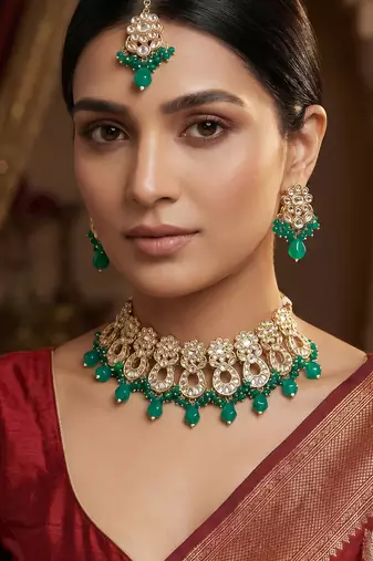 Green kundan choker necklace set with earrings and maangtika