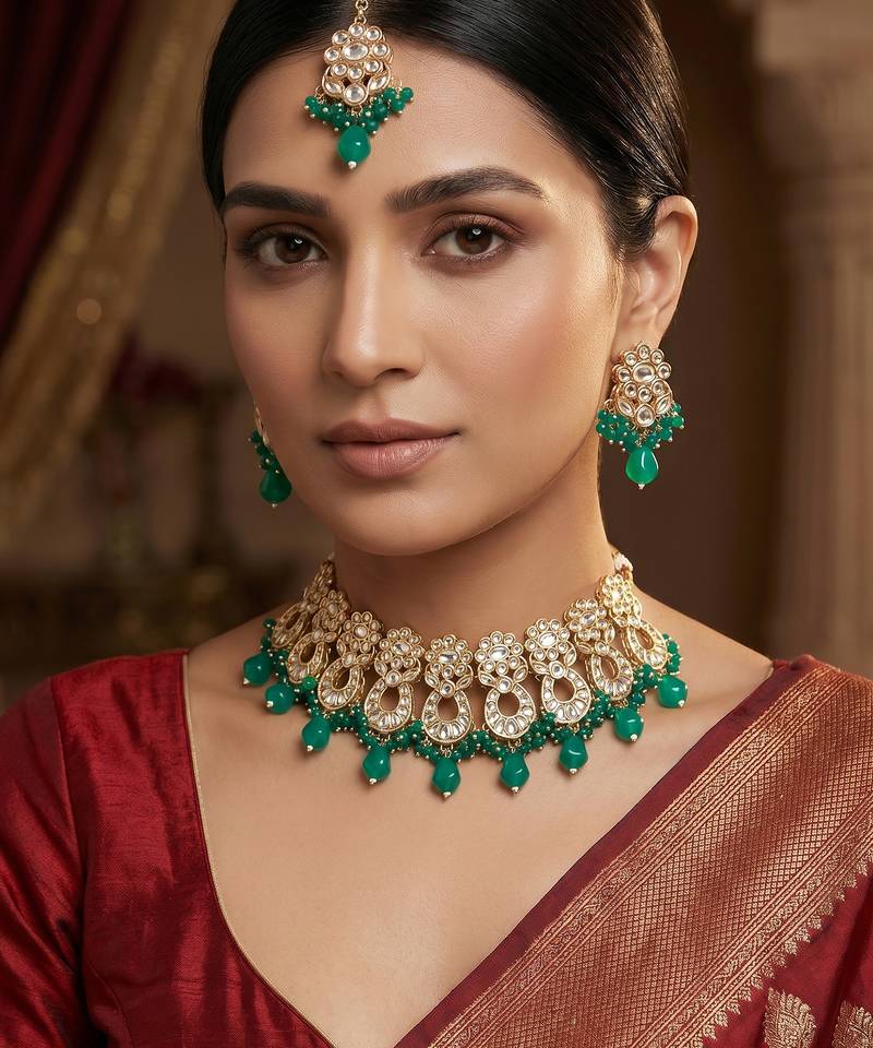 Green kundan choker necklace set with earrings and maangtika