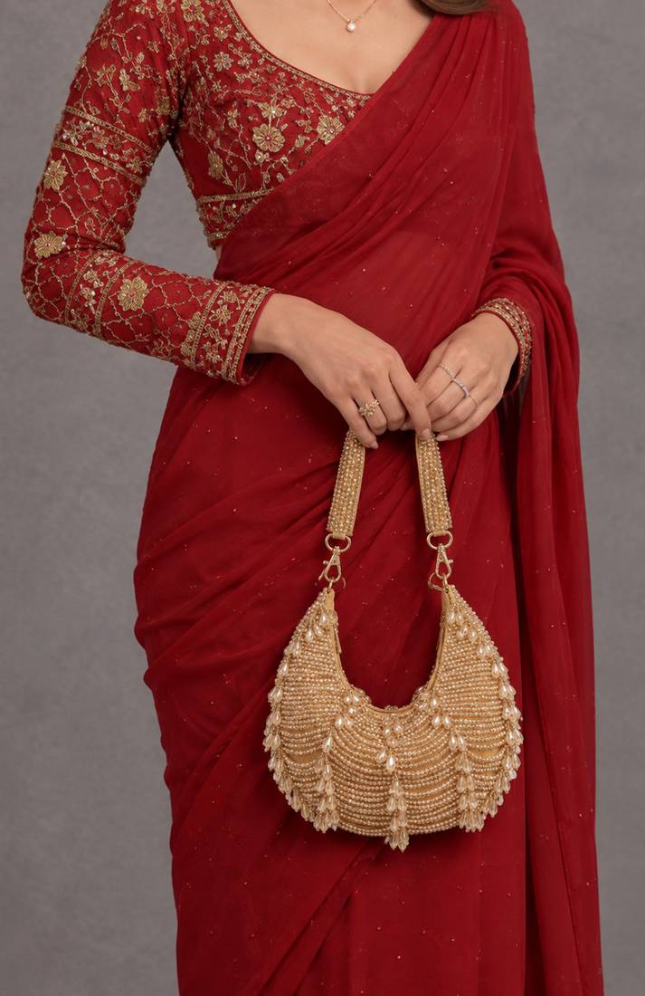 Golden drip crescent beaded shoulder bag