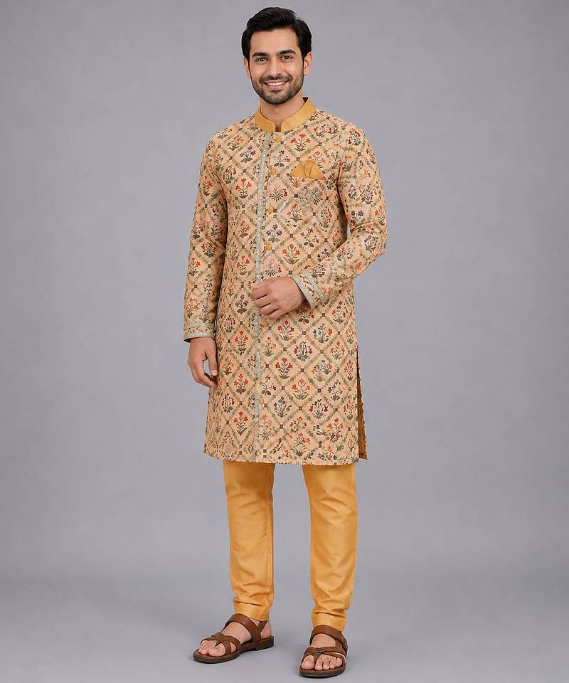 Golden beige printed cotton silk Men Kurta Set