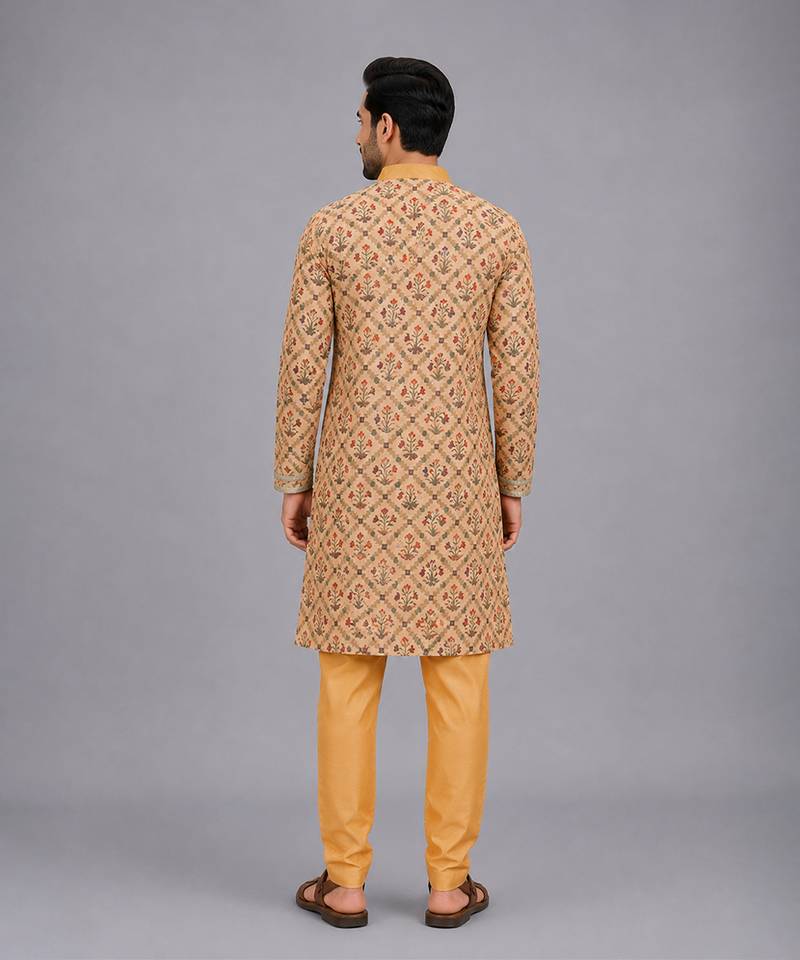 Golden beige printed cotton silk Men Kurta Set