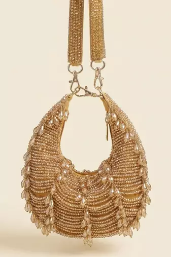 Golden drip crescent beaded shoulder bag