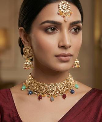 Multicolour kundan choker necklace set with jhumka earrings and maangtika 1