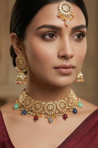 Multicolour kundan choker necklace set with jhumka earrings and maangtika
