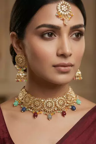 Multicolour kundan choker necklace set with jhumka earrings and maangtika