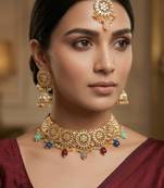 Multicolour kundan choker necklace set with jhumka earrings and maangtika