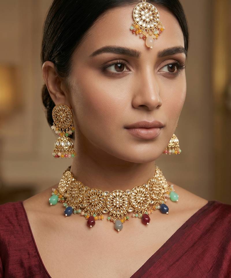 Multicolour kundan choker necklace set with jhumka earrings and maangtika