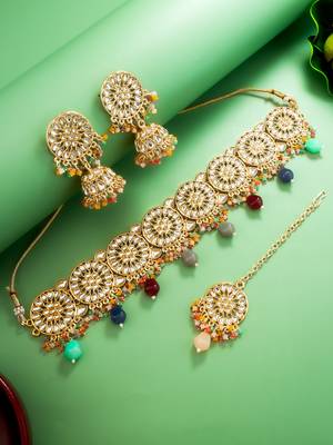 Multicolour kundan choker necklace set with jhumka earrings and maangtika 2