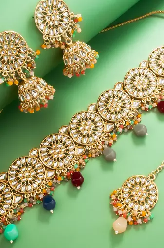 Multicolour kundan choker necklace set with jhumka earrings and maangtika