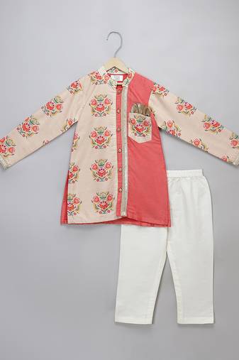 peach beige printed cotton silk men kurta set