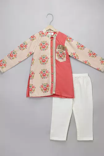 peach beige printed cotton silk men kurta set