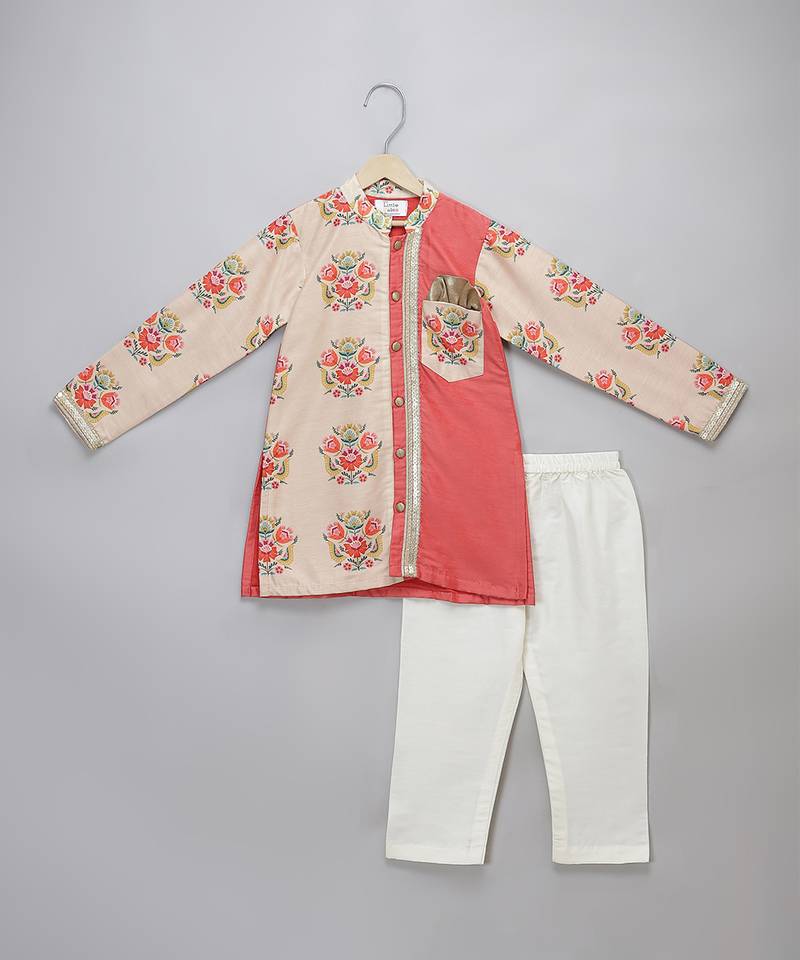 peach beige printed cotton silk men kurta set