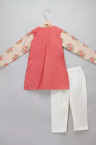 peach beige printed cotton silk men kurta set