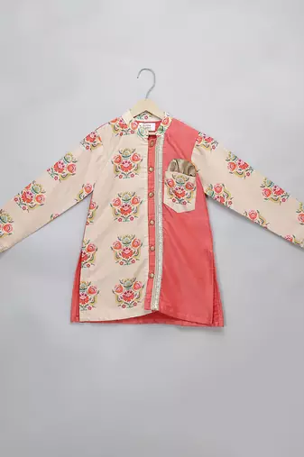 peach beige printed cotton silk men kurta set