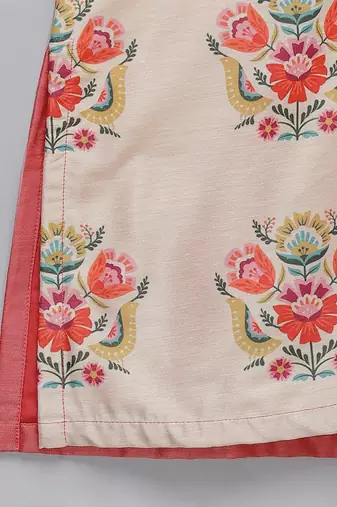 peach beige printed cotton silk men kurta set