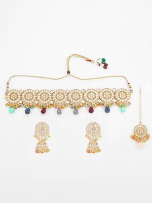 Multicolour kundan choker necklace set with jhumka earrings and maangtika 4